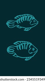 Vector image of two fish in oriental style. Ink, brush, drawing, calligraphy, stylization. Oriental culture, China, Japan. Fish restaurant, market, design, decor. Green, turquoise. Eps10