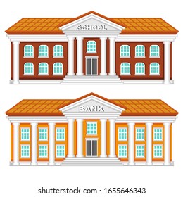 Vector image of two floors house with columns. School and bank building in classic style with red tiled roof