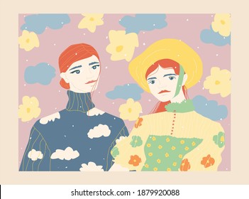 vector image of two girlfriends with red hair. cute, joyful drawing using soft colors. positive postcard to girlfriend or joyful design of printed matter.