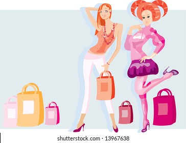 vector image of two girls after shopping