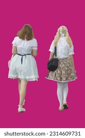 Vector image of two girls dressed in white vintage dresses with pink background, Lolita style.