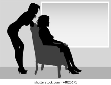 Imagen vectorial de dos niñas en una silla vieja