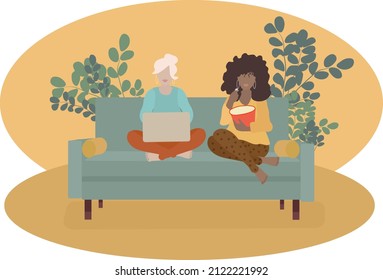 Vector image of two girls sitting on the couch, one at a laptop, the other with popcorn. The concept of a family evening.