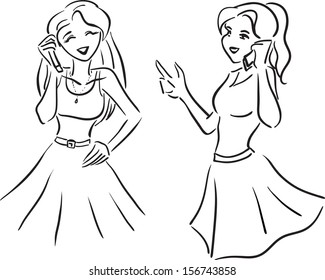 Vector image with two girls talking by phone/Girlfriends talking by phone 