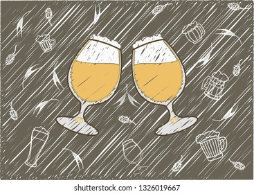 Vector image of two glasses of beer. Drinks with a large foam cap.against the hops and malt.