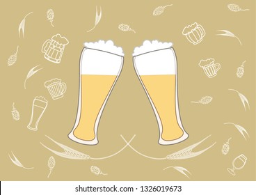 Vector image of two glasses of beer. Drinks with a large foam cap.against the hops and malt.