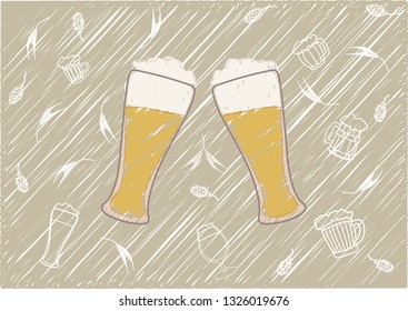 Vector image of two glasses of beer. Drinks with a large foam cap.against the hops and malt.