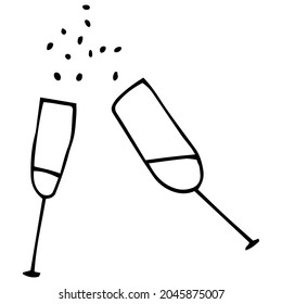 Vector image of two glasses of champagne. Black outline. Hand-drawn. Design of posters, postcards, invitations, logo, holidays, decor.