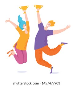 Vector image of two happy jumping people with a prize. Symbol of sucsess and creativity. Happy people who reach the goal.