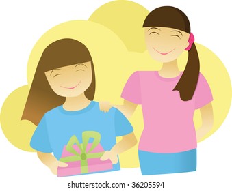The vector image of two happy smiling girls