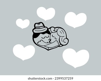 Vector image of two hearts kissing and hugging Valentine's Day theme. Postcard for printing.