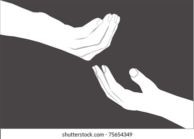 Vector image of two human hands giving taking anything on a gray background