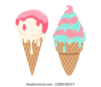 A vector image of two ice cream cones with colorful chocolate glaze. Vector illustration