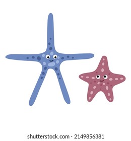 Vector image of two isolated cartoon starfish (blue and pink). Cute children illustration.