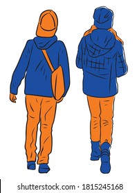 Vector image of two kids walking together on a stroll