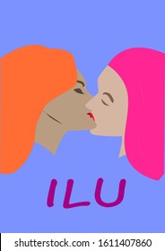 Vector image. Two lesbians kissing each other on the lips.  Girls with red and pink hair.  Postcard with a declaration of love. Blue background. LGBT 