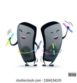 Vector image. Two loudspeakers dancing with glow sticks and hoops. Cartoon characters funny speakers at the disco.