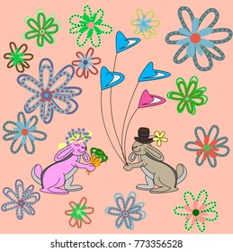 Vector image "Two Lovers in the rabbit with hats, with balls, flowers and carrots" on a pink background