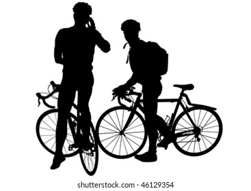 Vector image of two men on bicycles. Silhouettes on white background