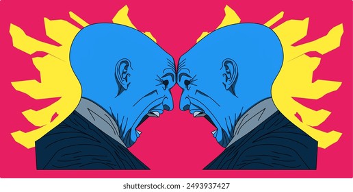 vector image of two men in suits screaming at each other on a red yellow background