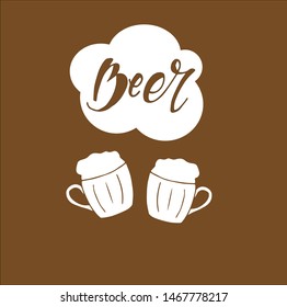 Vector image of two mugs of beer. Drinks with a lot of foam. Lettering. Hand drawn illustration.