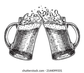 Imagen vectorial de dos tazas de cerveza. Bebidas con mucha espuma. Dos tazas de cerveza pegadas a mano con espuma.