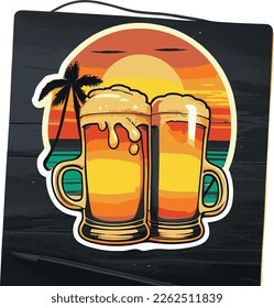 Vector image of two mugs with beer on background of tropical beach and palm trees..