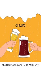 Vector image of two mugs of beer. Drinks with a lot of foam.