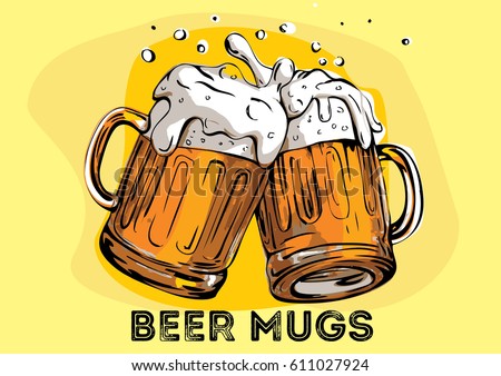 Vector image of two mugs of beer. Drinks with a lot of foam.