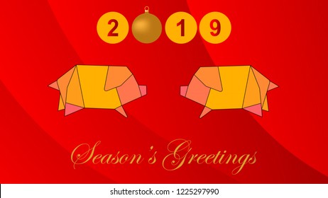A vector image of two origami pigs with various shades of gold and pink on bright red wavy background. Season's greetings, Merry Christmas, Happy Chinese New Year, Year of the pig concept.  