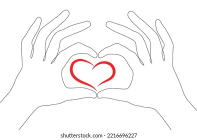 Vector image of two palms, hands making the heart. One line art. Popular gesture meaning love, friendship, good vibes.