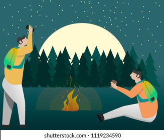 Vector image of two people in a forest by the fire.