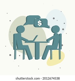 Vector image two people talking about business and work sitting at the table. One person working with laptop on multicolored background.