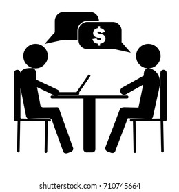 Vector Image Two People Talking About Business And Work Sitting At The Table. One Person Working With Laptop. 