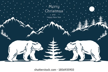 Vector image of two polar bears near the Christmas tree. Template for postcards, banners, flyers, splash screens. Merry Christmas and Happy New Year.