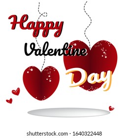 Vector image two red hearts floating. Text reads happy valentine day on white background.