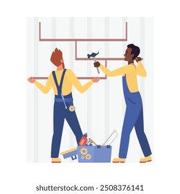 Imagem vetorial de dois reparadores que trabalham com ferramentas e equipamentos.