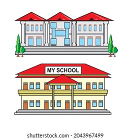 Vector Image Of Two School Buildings. School Building Clipart. Colors Can Be Edited Again. Pick It Up And Position It On The Page Snugly.