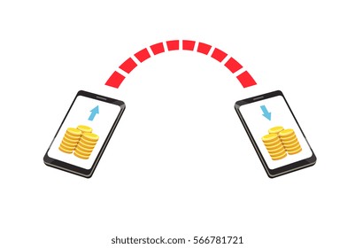 Vector image of of two smartphones with coins and arrows, connecting
