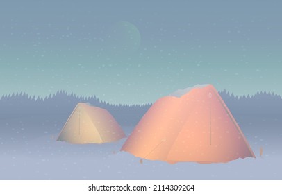 Vector image of two tents in the snow under the moonlight. In the dark, the winter forest can be seen on the horizon.