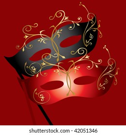 vector image of two theatrical masks on burgundy background