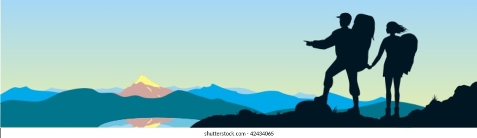 Vector image of two tourists and mountains