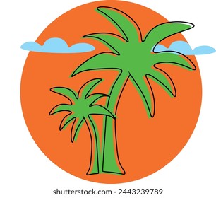 Vector image of two tropical palm trees on a sunset background