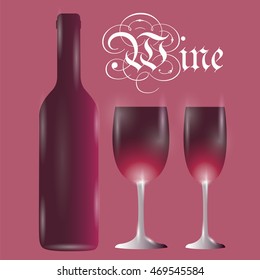 Vector image with two wine glasses and bottle on purple background with vintage sign. Wine menu