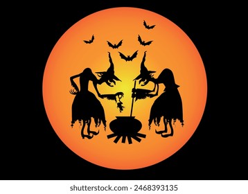 Vector Imagen de dos brujas cocinando poción con las ranas en la olla grande en el fuego. Fondo Abstractas con una luna y los murciélagos para Halloween.