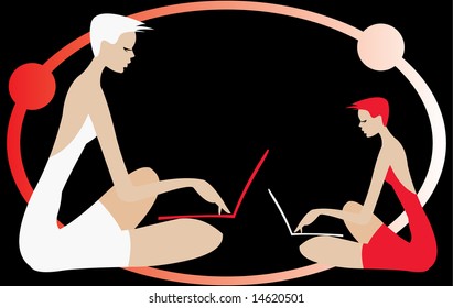 imagen vectorial de dos mujeres con laptops