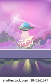 Vector image of a ufo above the clouds. Concept. Cartoon style. EPS 10