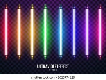 Vector image of ultraviolet lamps. Illustration of realistic light. Symbol of modern fashion. Set of different color shades. Popular style. Neon design.