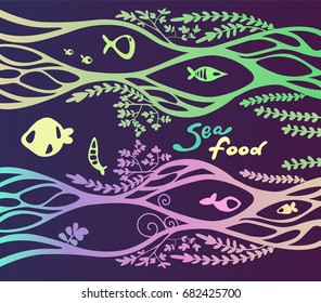 Vector image with under water fishes and sea grass on isolated background. For fish restaurants, design websites and mobile phones, printing.