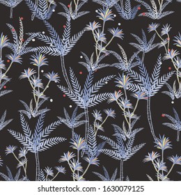 Vector image of underwater plants, various colorful algae on a dark background. Seamless background for wallpaper, textile and wrapping paper.